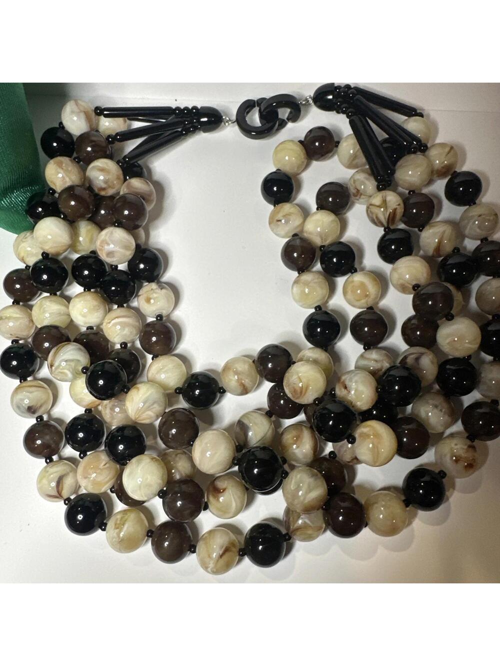 Angela Caputi Huge Multi Strand Black Brown Beige Beads Resin Necklace 18”